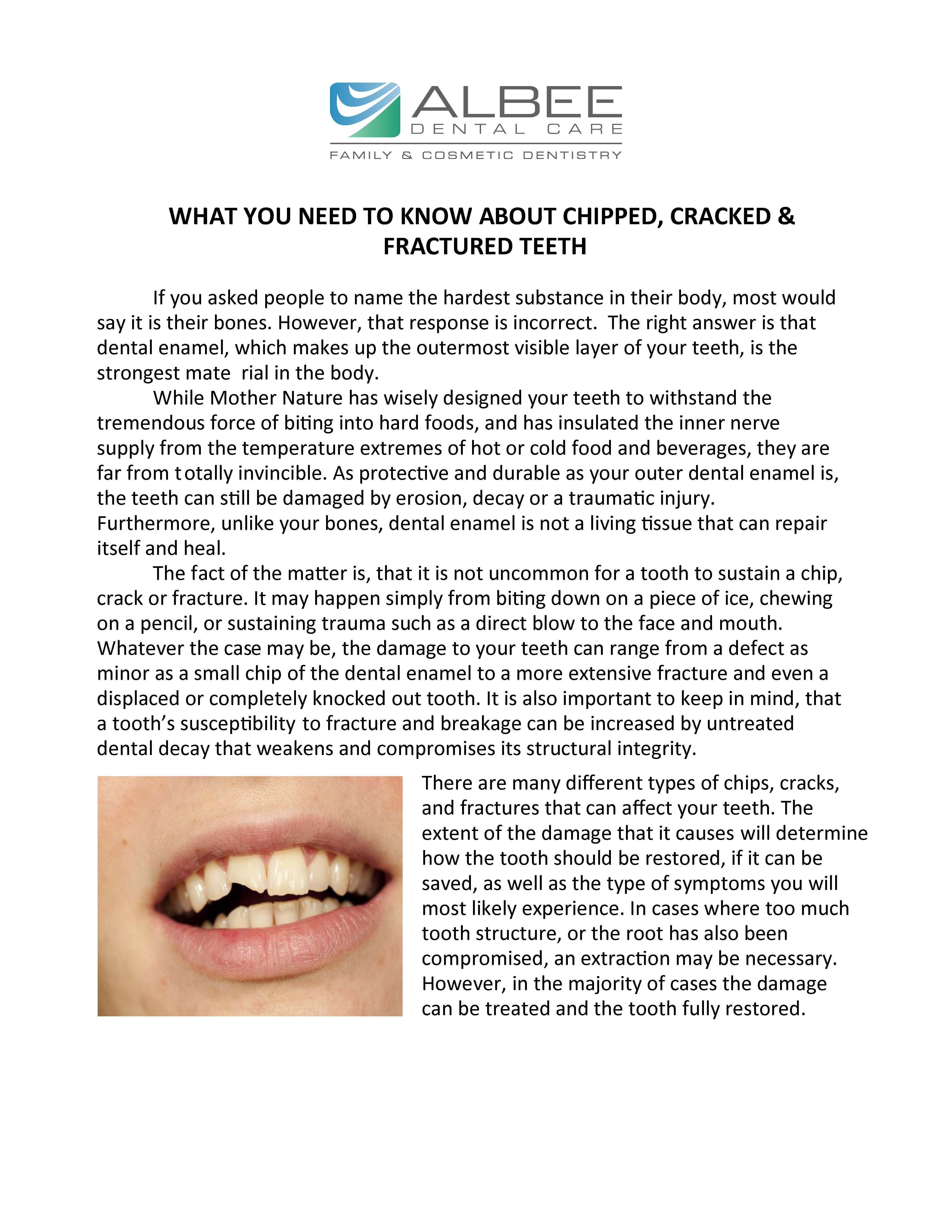 The image features a webpage screenshot with an article titled 'What you need to know about chipped and cracked teeth.' It includes a photograph of a person's mouth displaying chipped and cracked teeth.