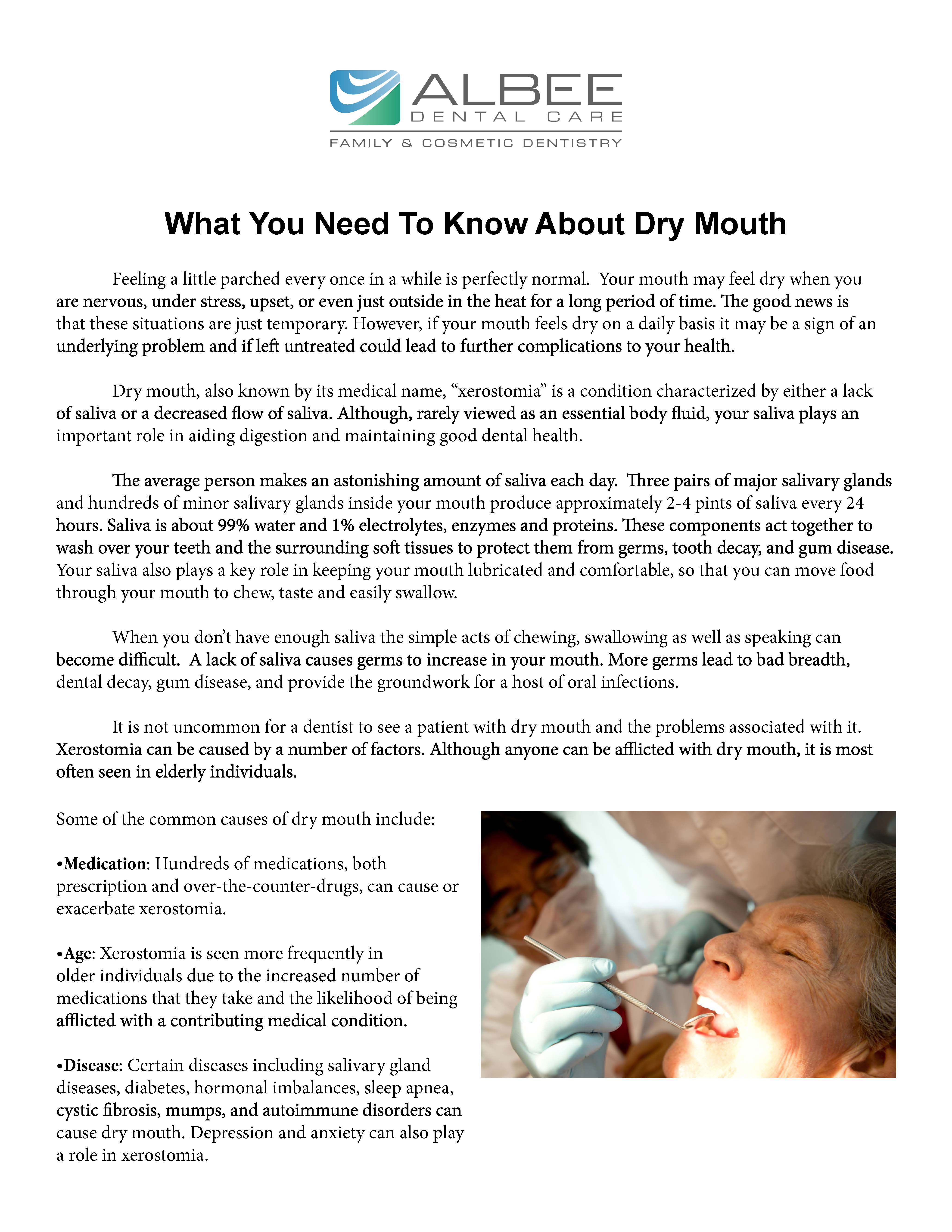 The image is a digital document with a photograph of an elderly person receiving dental care, wearing protective eyewear and a face mask. The text on the document provides information about dry mouth and its causes, along with tips for managing it.