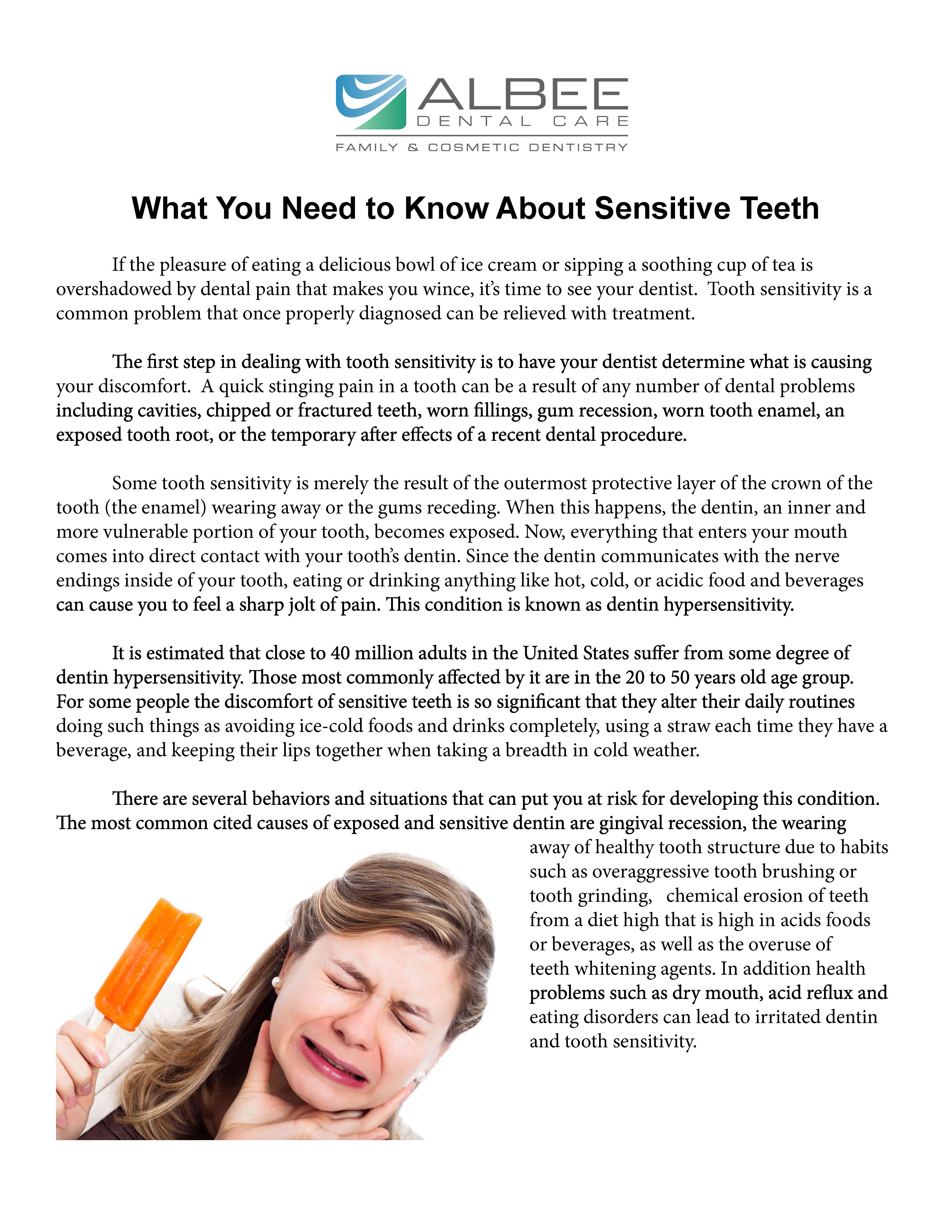 The image is a digital flyer with a photograph of a person holding an ice cream cone to their face, expressing discomfort or pain. The text on the flyer reads 'What You Need to Know About Sensitive Teeth' and includes bullet points discussing symptoms, causes, and treatment options for sensitive teeth.