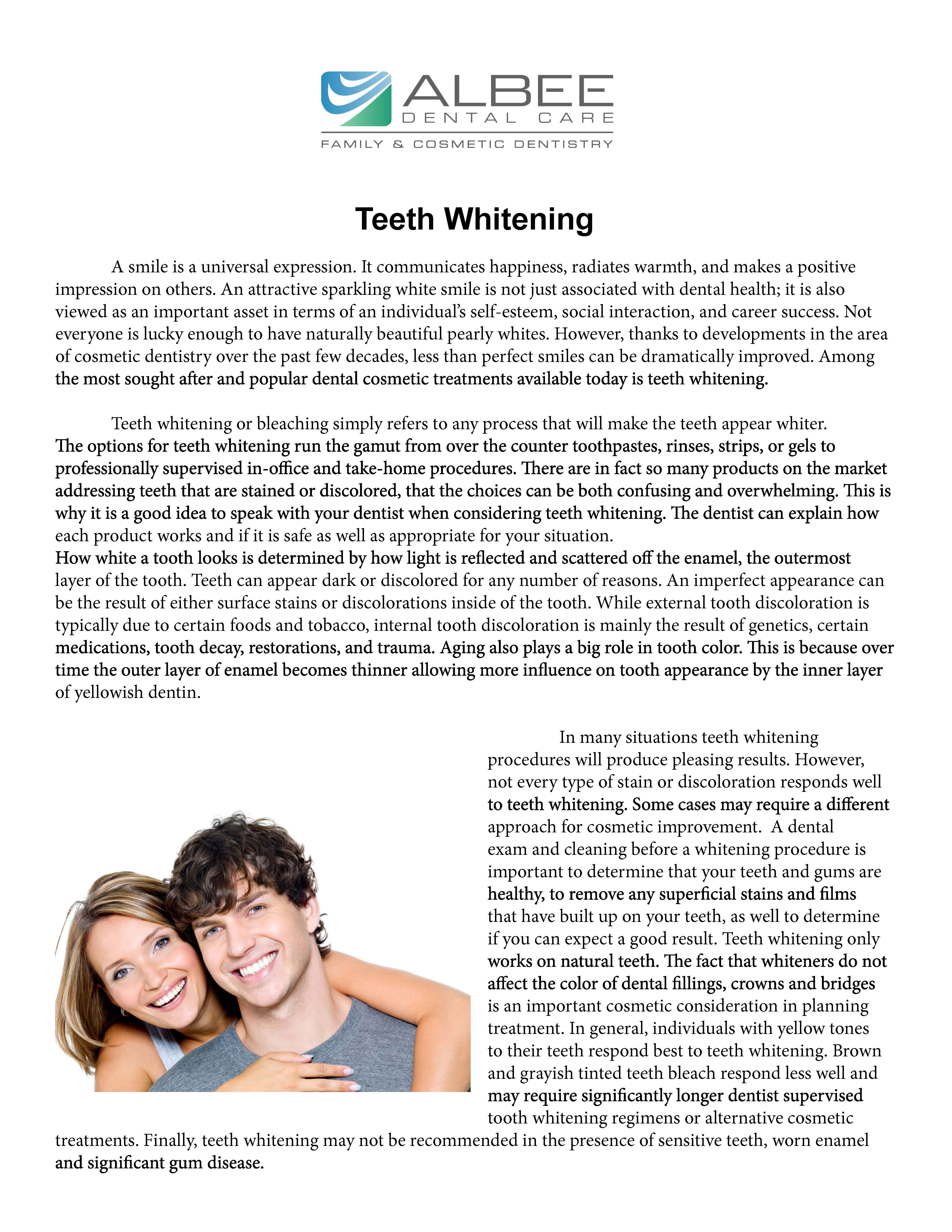 An advertisement for dental whitening services, featuring a smiling couple and text describing the benefits of teeth whitening.