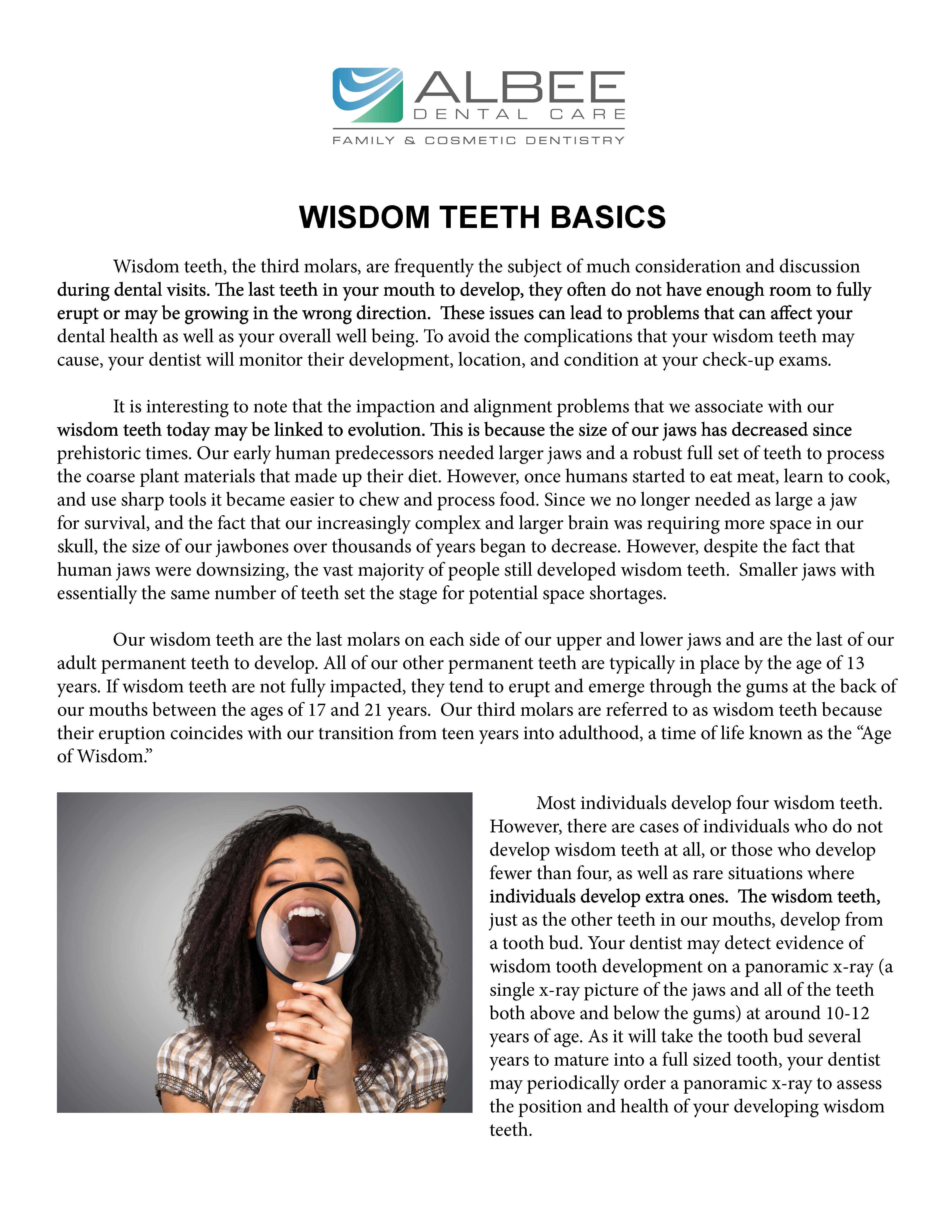The image is a digital document with a title 'Wisdom Teeth Basics' and a subtitle that reads 'Developed for our patients.' It features a woman in the foreground speaking into a microphone, with text overlaying the image.