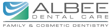 The image displays a logo with the text  ALBEE DENTAL CARE FAMILY   COSMETIC DENTISTRY  and features an emblem that includes a stylized toothbrush, a leaf, and a wave-like design.