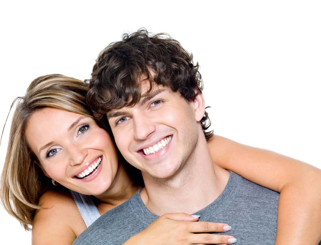 The image features a man and a woman posing closely together, smiling at the camera.