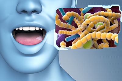 The image features a human face with an open mouth, superimposed on which is a microscopic view of bacteria and other microorganisms, suggesting a connection between oral health and the immune system.