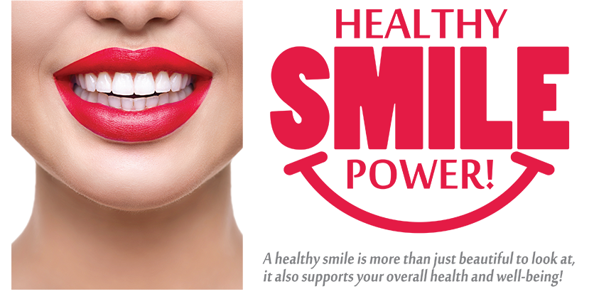 The image features a close-up of a person s face, with a focus on the lips and teeth. The lips are painted red, and there is text overlaying the image that reads  HEALTHY SMILE POWER  in capital letters, with additional smaller text underneath that appears to be a slogan or tagline. The style of the image suggests it may be related to dental health or cosmetic services.